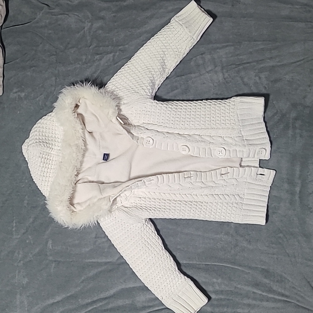 Baby Kids Gap size 5 Girls White Beige Cardigan fur hooded Knit Sweater